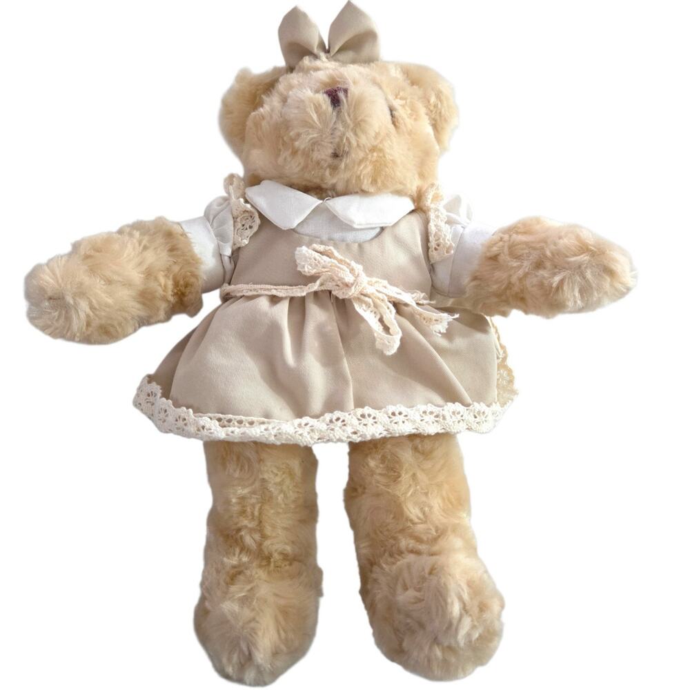 Vintage 80s HappyTeddy Made in Korea Soft Plush Teddy Bear Neutral Tan Dress 10"